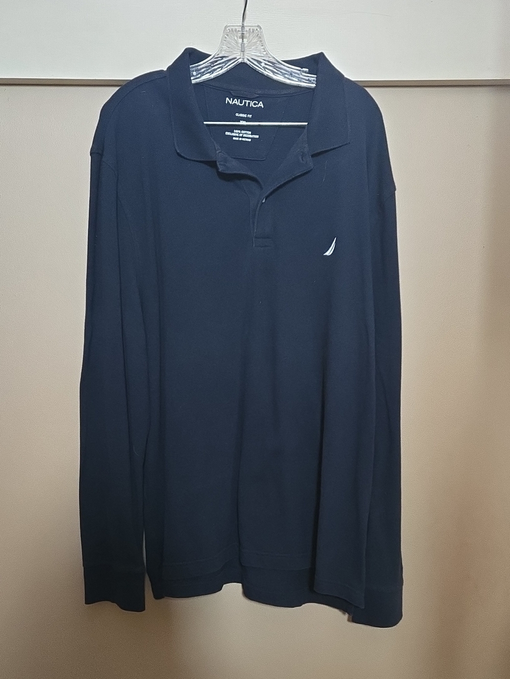 Nautica Long-Sleeve Polo in Navy Blue with Embroidered Logo